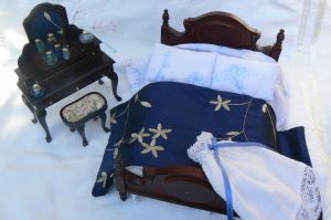 Mahogany Dressed Bed and Dressing Table - Blue